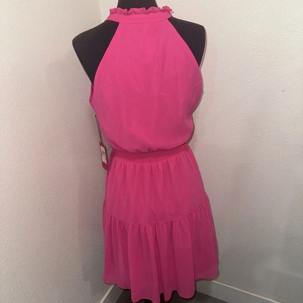 Vince Camuto NWT mini chiffon halter Dress sz 4pink tiered elastic waist Ruffled